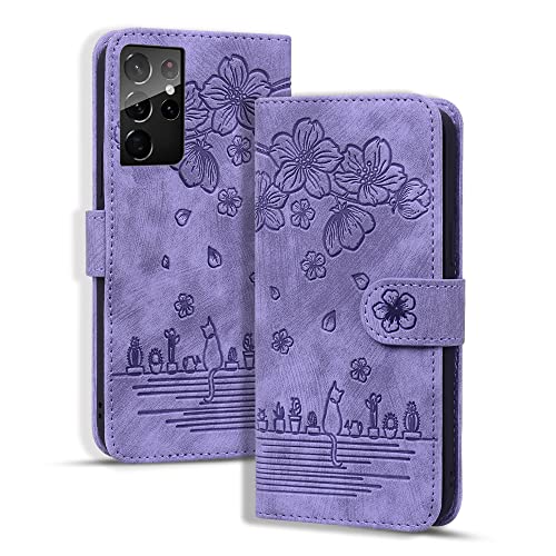 Rosbtib Hülle für Samsung Galaxy S21 Ultra, Premium PU Leder Schutzhülle Magnetic Closure Standfunktion Flip Cover Handyhülle für Galaxy S21 Ultra 5G (Lila Katze) von Rosbtib