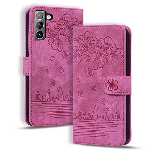 Rosbtib Hülle für Samsung Galaxy S22 Plus, Premium PU Leder Schutzhülle Magnetic Closure Standfunktion Flip Cover Handyhülle für Galaxy S22+ Plus 5G (Rose Rote Katze) von Rosbtib