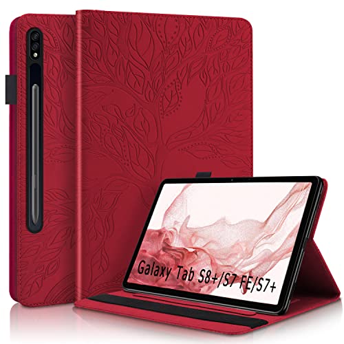 Rosbtib Hülle für Samsung Galaxy Tab S8 Plus 2022/ S7 FE 2021/ S7 Plus 2020 12.4 Zoll, PU Leder Flip Case Ständer TPU Cover Tasche mit Kartenschlitz Schutzhülle für Galaxy Tab S8+/S7+/ S7 FE 5G, Rot von Rosbtib