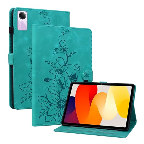 Rosbtib Hülle für Xiaomi Redmi Pad SE 11 Zoll 2023, Multi-Winkel Betrachtung Kunstleder Schutzhülle mit Kartenfächer Cover Lilien-Muster, Grün von Rosbtib