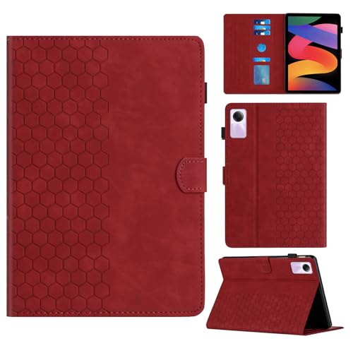 Rosbtib Hülle für Xiaomi Redmi Pad SE 2023 11 Zoll Gehäuse mit Ständer mit Kartenschlitz, Sechseckiges strukturiertes Muster Kunstlederhülle für Redmi Pad SE 2023, Rot von Rosbtib