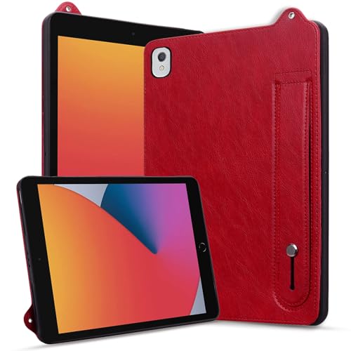 Rosbtib Hülle für iPad 9./8./7. Generation 10.2 Zoll Modell 2021 2020 2019, Stoßfest mit Ständer Slim Edition Kunstleder Tablet Hülle für iPad 10.2 / iPad 9/8/7(Handschlaufe), Rot von Rosbtib