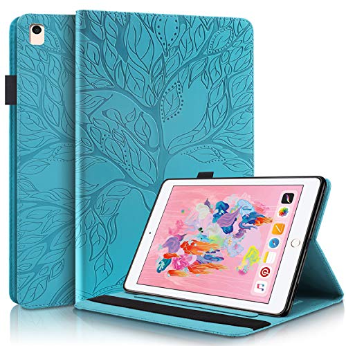 Rosbtib Hülle für iPad 9.7 2018 2017 (6th/5th Gen)/ iPad Air 2 / iPad Air,Stand Abdeckung Stoßfeste Schutzhülle mit Stift Halter (Life Tree) -Blau von Rosbtib