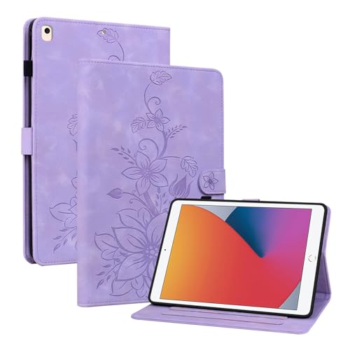 Rosbtib Hülle für iPad 9.7 Zoll Modell 2017/2018, 5/6 Generation, Multi-Winkel Betrachtung Kunstleder Schutzhülle mit Kartenfächer Cover Lilien-Muster, Hülle für iPad 9.7", Lila von Rosbtib