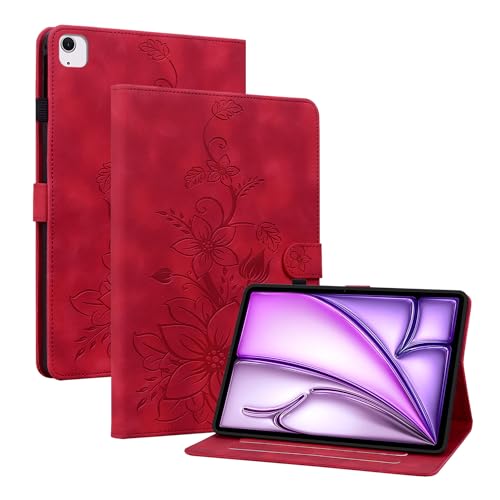 Rosbtib Hülle für iPad Air 13 Zoll M3 2025/iPad Air 13 Zoll M2 2024 und iPad Pro 12.9 Zoll (2022/2021/2020), Multi-Winkel Betrachtung Kunstleder Schutzhülle mit Kartenfächer Cover Lilien-Muster, Rot von Rosbtib