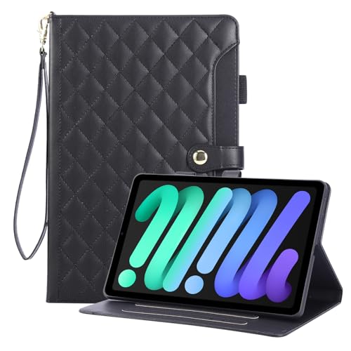 Rosbtib Hülle für iPad Mini 2024 (A17 Pro, 7 Generation)/iPad Mini 6 2021 (6 Generation) 8.3 Zoll, Kariertes Kunstlederetui mit Magnetverschluss & Ständer & Handschlaufe & Kartenfach, Schwarz von Rosbtib