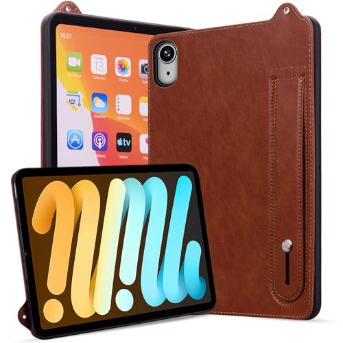 Rosbtib Hülle für iPad Mini 7 2024 (A17 Pro, 7 Generation) / iPad Mini 6 2021 (6 Generation), Stoßfest mit Ständer Slim Edition Kunstleder Tablet Hülle für iPad Mini 7/6 (Handschlaufe), Braun von Rosbtib