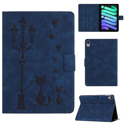Rosbtib Hülle für iPad Mini 7 2024 7 Generation (A17 Pro)/iPad Mini 6 2021 6 Generation 8.3 Zoll Kunstleder Schutzhülle mit Ständer, EIN liebendes Katzenpaar unter der Straßenlaterne druckt, Blau von Rosbtib