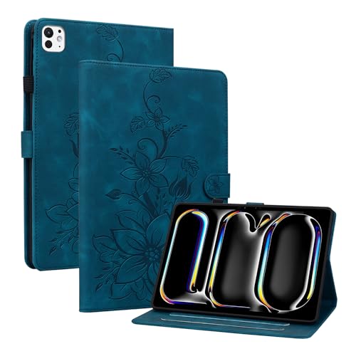 Rosbtib Hülle für iPad Pro 11 Zoll M4 5.Generation (2024), Multi-Winkel Betrachtung Kunstleder Schutzhülle mit Kartenfächer Cover Lilien-Muster, Blau von Rosbtib
