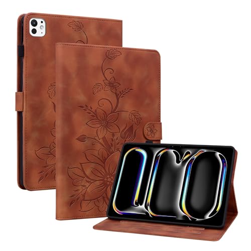 Rosbtib Hülle für iPad Pro 11 Zoll M4 5.Generation (2024), Multi-Winkel Betrachtung Kunstleder Schutzhülle mit Kartenfächer Cover Lilien-Muster, Braun von Rosbtib