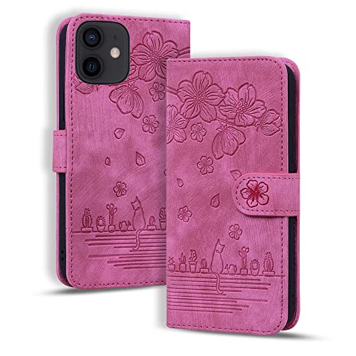 Rosbtib Hülle für iPhone 12/12 Pro, Premium PU Leder Schutzhülle Magnetic Closure Standfunktion Flip Cover Handyhülle für iPhone 12/ iPhone 12 Pro (Rose Rote Katze) von Rosbtib