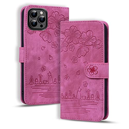 Rosbtib Hülle für iPhone 14, Premium PU Leder Schutzhülle Magnetic Closure Standfunktion Flip Cover Handyhülle für iPhone 14 6.1" (Rose Rote Katze) von Rosbtib