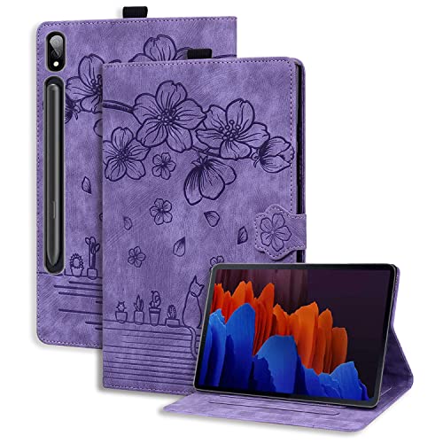 Rosbtib Tablet Hülle für Samsung Galaxy Tab S10 Plus/S9 Plus 2023/ S8 Plus 2022/ S7 FE 2021/ S7 Plus 2020 12,4 Zoll PU - Leder Flip Case Schutzhülle mit Kartenschlitz, Sakura Katze Lila von Rosbtib