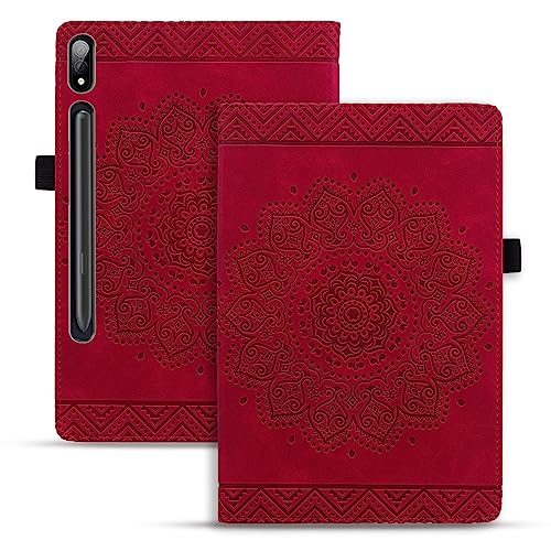 Rosbtib Tablet Hülle für Samsung Galaxy Tab S8 Plus 2022/S7 FE 2021/S7 Plus 2020 12,4 Zoll PU - Leder Folio Schutzhülle Multifunktion Ständer Kartenfächern Mandala Präge Design - Rot von Rosbtib