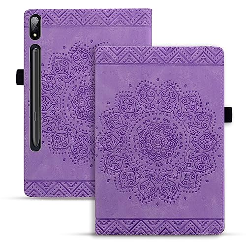 Rosbtib Tablet Hülle für Samsung Galaxy Tab S8 Plus 2022/S7 FE 2021/S7 Plus 2020 12,4 Zoll PU - Leder Folio Schutzhülle Multifunktion Ständer Kartenfächern Mandala Präge Design - Violett von Rosbtib