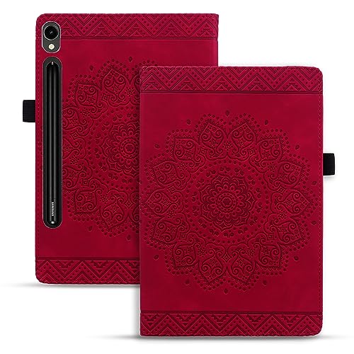 Rosbtib Tablet Hülle für Samsung Galaxy Tab S9 FE/ S9/ S8/ S7 PU - Leder Folio Schutzhülle Multifunktion Ständer Kartenfächern Mandala Präge Design Galaxy Tab S9/ S8/ S7 11" - Rot von Rosbtib