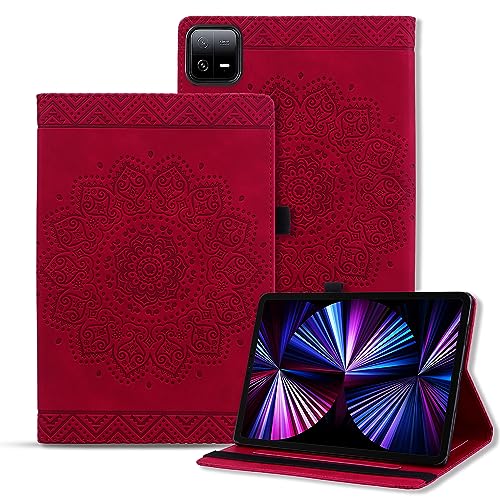 Rosbtib Tablet Hülle für Xiaomi Pad 6/ Pad 6 Pro PU - Leder Folio Schutzhülle Multifunktion Ständer Kartenfächern Mandala Präge Design Xiaomi Pad 6 2023 11" - Rot von Rosbtib