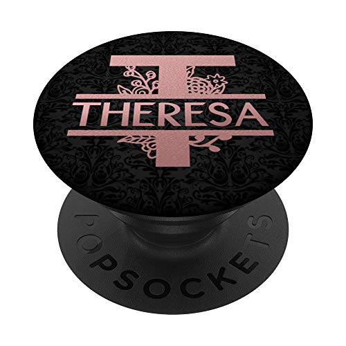 Letter T Theresa Name Rose Pink Floral Initial Monogram PopSockets PopGrip: Ausziehbarer Sockel und Griff für Handys/Tablets mit Tauschbarem Top von Rose Pink Swirls Stars Monograms ADC