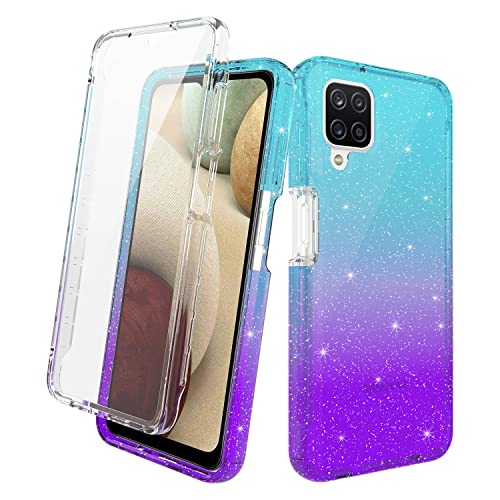 Rosebono Schutzhülle für Samsung Galaxy A22 5G mit integriertem Displayschutz, Hybrid-Glitzer, transparent, bunt, Farbverlauf, 360 Grad, Blaugrün / Violett von Rosebono