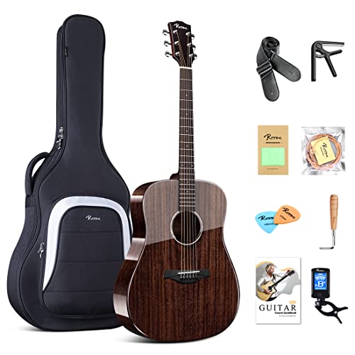 Rosen G31 Dreadnought Akustikgitarre Black Solid Mahagoni Top 41 Zoll Guitarra Full Size mit Gloss Finish Bundle Starter Kit mit Gig Bag, Stimmgerät, Saiten, Gurt und Plektren von Rosen