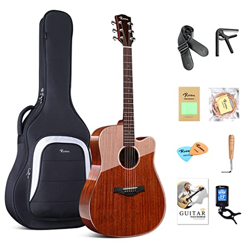 Rosen G31 Dreadnought Akustikgitarre Massive Mahagonidecke 41 Zoll Guitarra Full Size Cutaway mit Glanzfinish Bundle Starter Kit mit Gig Bag, Stimmgerät, Saiten, Gurt und Plektren von Rosen