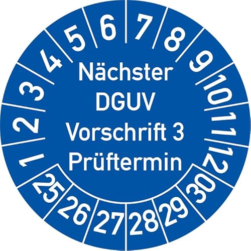 Nächster DGUV Vorschrift 3 Prüftermin Prüfplakette, 250 Stück, in verschiedenen Farben und Größen, Prüfetikett Prüfsiegel Plakette Nächste Prüfung DGUV V3 (20 mm Ø, Blau) von Rosenbaum Offsetdruck