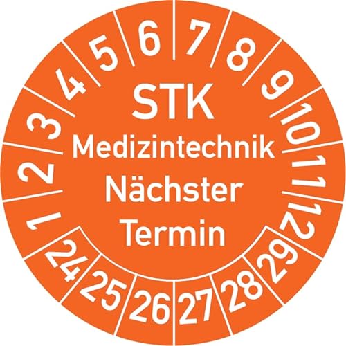 STK Medizintechnik Nächster Termin Prüfplakette, 500 Stück, in verschiedenen Farben und Größen, Prüfetikett Prüfsiegel Plakette STK Prüfung (35 mm Ø, Orange) von Rosenbaum Offsetdruck