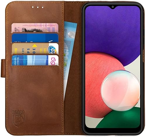 Rosso Deluxe Echtleder Book Case Hülle Passend für Samsung Galaxy A22 5G | Platz für drei Karten | Brieftasche Book Case | Mit Kartenfach | Braun von Rosso