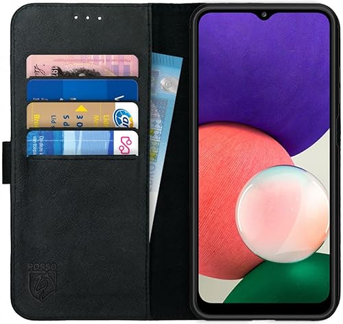 Rosso Deluxe Echtleder Book Case Hülle Passend für Samsung Galaxy A22 5G | Platz für drei Karten | Brieftasche Book Case | Mit Kartenfach | Schwarz von Rosso