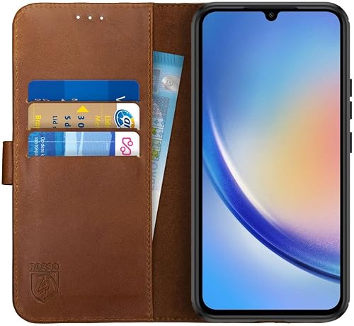 Rosso Deluxe Echtleder Book Case Hülle Passend für Samsung Galaxy A34 | Platz für drei Karten | Brieftasche Book Case | Mit Kartenfach | Braun von Rosso
