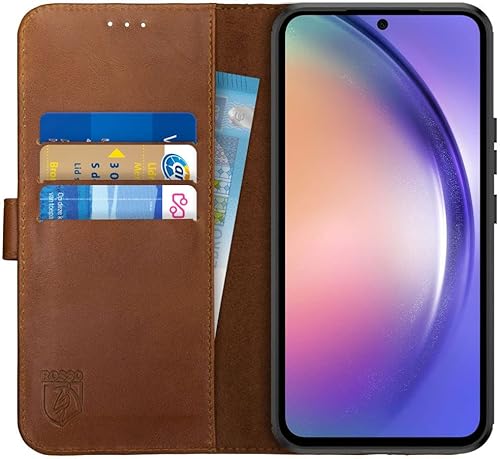 Rosso Deluxe Echtleder Book Case Hülle Passend für Samsung Galaxy A54 | Platz für drei Karten | Brieftasche Book Case | Mit Kartenfach | Braun von Rosso