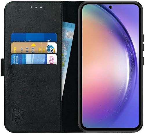 Rosso Deluxe Echtleder Book Case Hülle Passend für Samsung Galaxy A54 | Platz für drei Karten | Brieftasche Book Case | Mit Kartenhalter | Schwarz von Rosso