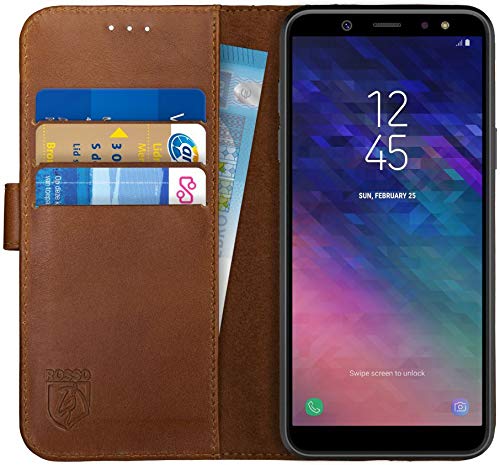 Rosso Deluxe Echtleder Book Case Hülle Passend für Samsung Galaxy A6 (2018) | Platz für drei Karten | Brieftasche Book Case | Mit Kartenfach | Braun von Rosso