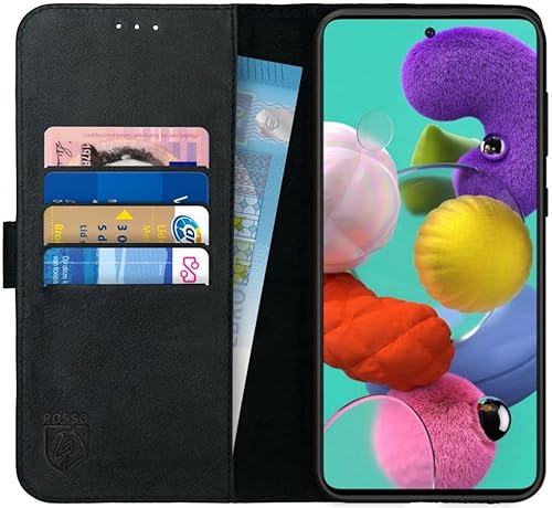 Rosso Deluxe Echtleder Book Case Hülle Passend für Samsung Galaxy A71 | Platz für drei Karten | Brieftasche Book Case | Mit Kartenhalter | Schwarz von Rosso
