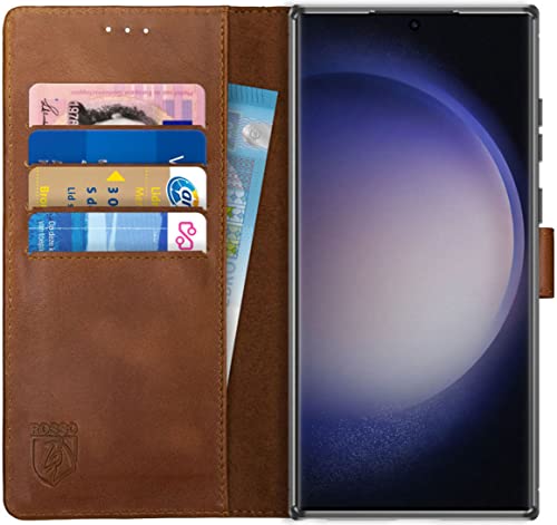 Rosso Deluxe Echtleder Book Case Hülle Passend für Samsung Galaxy S23 Ultra | Platz für drei Karten | Brieftasche Book Case | Mit Kartenfach | Braun von Rosso