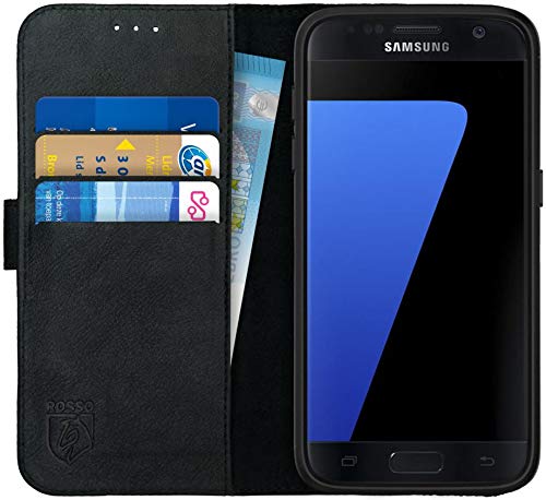 Rosso Deluxe Echtleder Book Case Hülle Passend für Samsung Galaxy S7 | Platz für drei Karten | Brieftasche Book Case | Mit Kartenhalter | Schwarz von Rosso
