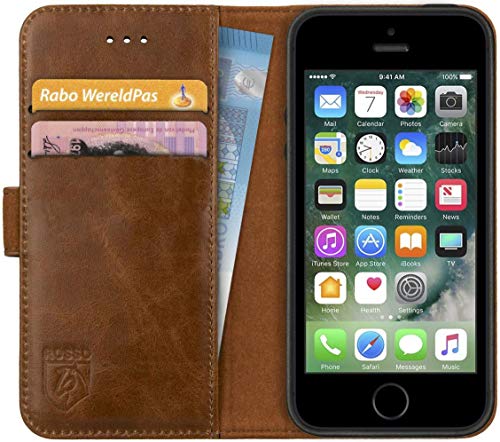 Rosso Deluxe Echtleder Book Case Hülle Passend für iPhone SE / 5S / 5 | Platz für drei Karten | Brieftasche Book Case | Mit Kartenhalter | Braun von Rosso