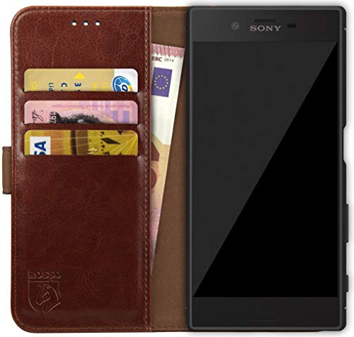 Rosso Element Book Case Wallet Hülle Geeignet für Sony Xperia XZ | Geldbörse | 3 Packets | Magnetverschluss | Standfunktion | Braun von Rosso