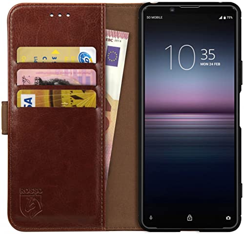Rosso Element Book Case Wallet Hülle Passend für Sony Xperia 1 II | Geldbörse | 3 Packets | Magnetverschluss | Standfunktion | Braun von Rosso