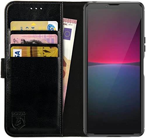 Rosso Element Book Case Wallet Hülle Passend für Sony Xperia 10 V | Geldbörse | 3 Packets | Magnetverschluss | Standfunktion | Schwarz von Rosso