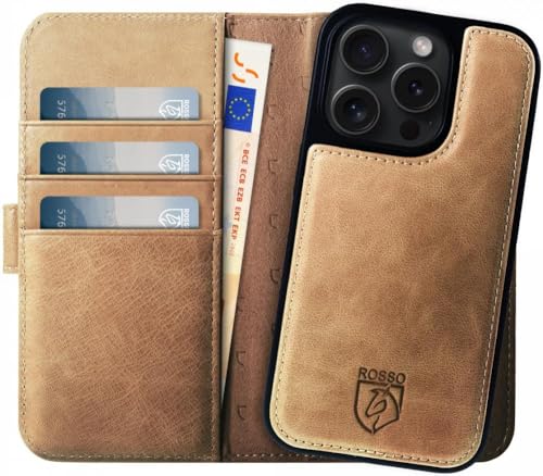 Rosso Elite Hülle Geeignet für Apple iPhone 14 Pro | Kompatibel mit MagSafe | Book Case und Back Cover | Magnetisch abnehmbar | Echtes Leder Schutzhülle mit Kartenfach | Hellbraun von Rosso