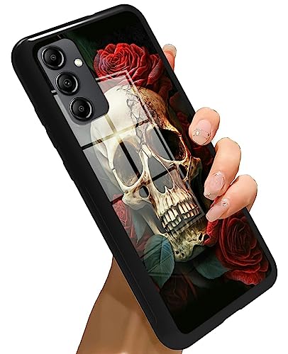 Galaxy A14 5G Handyhülle für Samsung Galaxy A14 5G Hülle Panzerglas Schwarz Cover mit Totenkopf Rote Rosen Design für Frauen Männer Anti-Kratzer Stoßfest Schutz Hülle für Samsung A14 5G 2023 6,6 Zoll von Rossy