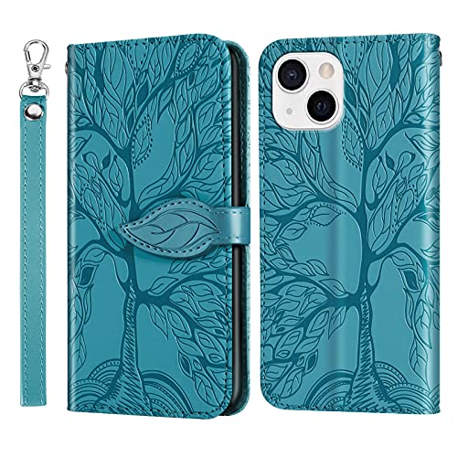 Rostsant Handyhülle Kompatibel für iPhone 14 Geprägter Baum PU Leder iPhone 14 Flip Case Brieftasche Tasche Hülle für iPhone 14 - Blau von Rostsant