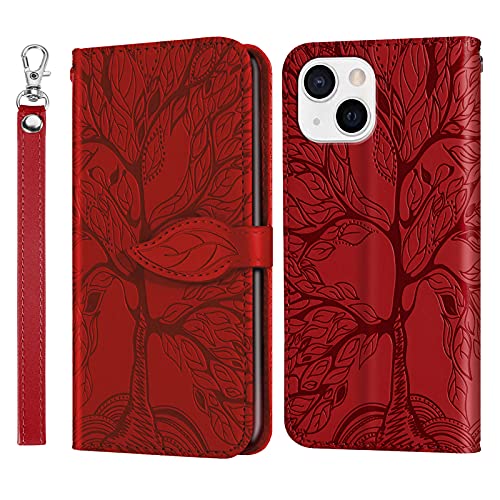 Rostsant Handyhülle Kompatibel für iPhone 14 Geprägter Baum PU Leder iPhone 14 Flip Case Brieftasche Tasche Hülle für iPhone 14 - Rot von Rostsant