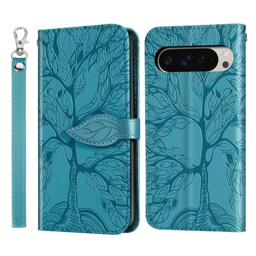 Rostsant Handyhülle für Google Pixel 9 Pro XL Geprägter Baum PU Leder Klapphüllen Brieftasche Tasche Hülle für Google Pixel 9 Pro XL Hülle Holster Blau von Rostsant