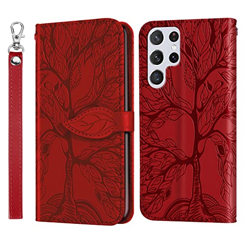 Rostsant Handyhülle für Samsung Galaxy S23 Ultra Geprägter Baum PU Leder Samsung S23 Ultra Klapphüllen Brieftasche Tasche Hülle für Samsung Galaxy S23 Ultra 5G - Rot von Rostsant