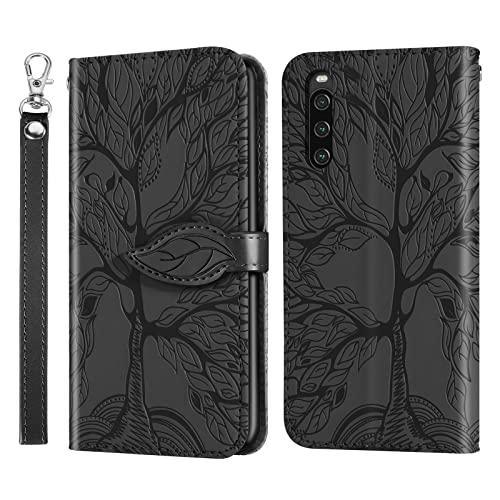 Rostsant Handyhülle für Sony Xperia 10 IV Geprägter Baum PU Leder Klapphüllen Brieftasche Tasche Hülle für Sony Xperia 10 IV 5G - Schwarz von Rostsant