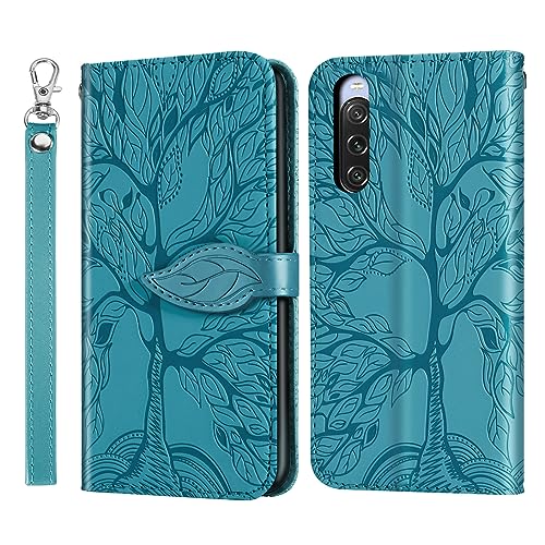 Rostsant Handyhülle für Sony Xperia 10 V Geprägter Baum PU Leder Klapphüllen Brieftasche Tasche Hülle für Sony Xperia 10 V 5G - Blau von Rostsant