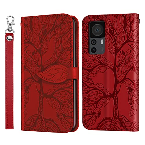 Rostsant Handyhülle für Xiaomi 12T / 12T Pro 5G Geprägter Baum PU Leder Klapphüllen Mi 12T Brieftasche Tasche Hülle für Xiaomi Mi 12T Pro/Mi 12T 5G - Rot von Rostsant