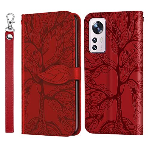 Rostsant Handyhülle für Xiaomi Mi 12 Lite 4G / 5G Geprägter Baum PU Leder Klapphüllen Mi 12 Lite Brieftasche Tasche Hülle für Xiaomi 12 lite 5G / 4G - Rot von Rostsant